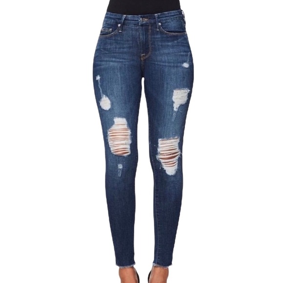 Good American Good Legs Jeans Raw Edge Distressed Size 24 Dark Wash - Picture 1 of 5